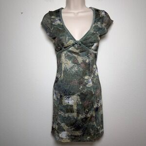 Planet Heart Women Babydoll Mini Slip  Dress Small Green Mesh Velvet Goblincore
